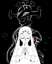 animated animated_gif body_horror closed_eyes crown double_(skullgirls) exposed_heart habit looking_at_viewer monster nexter45 nun own_hands_together red_eyes skullgirls smiley_face traditional_nun upper_body