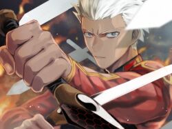 1boy archer_(fate) closed_mouth commentary dark-skinned_male dark_skin dual_wielding embers english_commentary fate/stay_night fate_(series) fingernails grey_eyes holding holding_weapon kiyoshita light_particles male_focus short_hair solo sword upper_body weapon white_hair