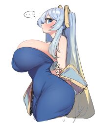 ... 1girl absurdres animification blonde_hair blue_dress blue_eyes blue_hair blush breasts dress from_side gradient_hair highres holding_own_arm huge_breasts impossible_clothes impossible_dress league_of_legends light_blue_hair long_hair multicolored_hair off_shoulder sketch solo sona_(league_of_legends) spoken_ellipsis very_long_hair yabby