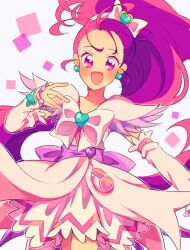 Rule 34 | 1girl, aqua brooch, back bow, blush, bow, bowtie, brooch, collarbone, cowboy shot, cure egret, dot nose, dress, earrings, eyelashes, feather-trimmed sleeves, floating clothes, floating hair, forehead, frilled arm warmers, frilled skirt, frills, futari wa precure splash star, grey background, hair bow, hair ornament, hairband, heart, heart brooch, heart earrings, heart hair ornament, high ponytail, highres, jewelry, long hair, magical girl, miniskirt, mishou mai, nachuchoco, open mouth, outstretched hand, pleated skirt, ponytail, precure, purple bow, purple eyes, purple hair, short dress, short sleeves, skirt, skirt under dress, smile, solo, square, standing, tareme, very long hair, waist bag, white arm warmers, white bag, white bow, white bowtie, white dress, white hairband, white skirt