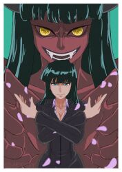 1girl black_dress black_hair blue_eyes blunt_bangs commentary crossed_arms demonio_fleur devil_fruit_power dress english_commentary fangs green_background highres horns jeggyjeg_arts leather_dress long_hair long_sleeves looking_at_viewer nico_robin one_piece pink_petals smile upper_body yellow_eyes