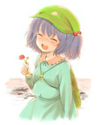 1girl backpack bad_id bad_pixiv_id bag blue_hair bow closed_eyes female_focus flower hair_bobbles hair_bow hair_ornament happy hat ica kawashiro_nitori key open_mouth randoseru smile solo tears teeth touhou twintails two_side_up