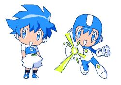1boy :d aiming aiming_at_viewer alternate_costume android arm_cannon blue_bodysuit blue_eyes blue_helmet blue_shirt bodysuit boots gloves hands_in_pockets helmet kawoshiki looking_at_viewer mega_man_(character) mega_man_(classic) mega_man_(series) multiple_views oekaki open_mouth powering_up redesign robot_ears shirt short_hair shorts smile spiked_hair two-tone_bodysuit two-tone_shirt weapon white_bodysuit white_boots white_gloves white_shirt white_shorts white_sleeves