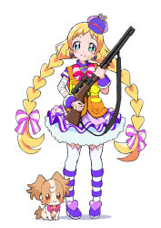 Rule 34 | 1girl, bandaged arm, bandages, blonde hair, blue eyes, bow, bow earrings, braid, closed mouth, cure friendy, dog, dress, earrings, full body, gauze, gauze on cheek, gauze on hand, gun, hair bow, hat, high-visibility clothing, high-visibility vest, highres, holding, holding gun, holding weapon, inukai iroha, inukai komugi, inukai komugi (dog), jewelry, long hair, looking at viewer, magical girl, pink bow, precure, purple dress, purple hat, purple shoes, purple wrist cuffs, shoes, short sleeves, simple background, smile, solo, split mouth, standing, thighhighs, tilted headwear, twin braids, very long hair, weapon, white background, white thighhighs, wonderful precure!, wrist cuffs, yakizakana10967, yellow pupils