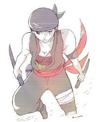 1boy bandana closed_mouth commentary_request earrings fishnet_top fishnets haramaki highres holding holding_weapon jewelry looking_to_the_side male_focus one_eye_closed one_piece red_sash roronoa_zoro ruika46 sash scar scar_across_eye scar_on_face simple_background sleeveless solo twitter_username weapon white_background
