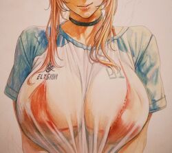1girl bikini bikini_top_under_shirt black_choker breasts choker closed_mouth dekkaiwoman goddess_of_victory:_nikke hashtag-only_commentary head_out_of_frame huge_breasts long_hair official_alternate_hair_color rapi_(nikke) rapi_(red_hood)_(red_flavor)_(nikke) red_bikini red_hair see-through_clothes see-through_shirt shirt smile solo swimsuit t-shirt traditional_media