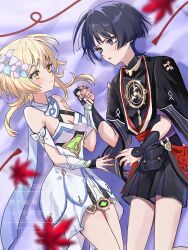 Rule 34 | 1boy, 1girl, arm at side, arm cutout, armpit crease, black bodysuit, black corset, black gloves, black hair, black kimono, black nails, black shorts, black sleeves, blonde hair, blue flower, blue trim, blunt ends, blurry, blush, bodysuit, breasts, bright pupils, cleavage, clenched hand, closed mouth, corset, covered collarbone, depth of field, detached sleeves, doll, dress, eyelashes, eyeliner, eyeshadow, falling leaves, fatui logo, flower, from above, furisode, gem, genshin impact, gloves, gold, gold trim, green gemstone, grey flower, hair flower, hair ornament, halterneck, hand grab, hand up, heart, hetero, highres, holding, holding doll, japanese clothes, jewelry, juban, kimono, large breasts, layered shorts, layered sleeves, leaf, looking at another, lumine (genshin impact), makeup, mandarin collar, maple leaf, mitsudomoe (shape), multicolored flower, neck ring, o-ring, on bed, open clothes, open hand, open kimono, open mouth, partially fingerless gloves, pink nails, purple eyes, purple sash, purple shorts, purple sleeves, red eyeliner, red eyeshadow, red kimono, red lips, red sash, sash, scaramouche (genshin impact), scarf, shadow, short hair, short hair with long locks, short sleeves, shorts, sidelocks, single sode, snow20200, tomoe (symbol), tsurime, twitter username, vambraces, watermark, white dress, white kimono, white pupils, white scarf, white sleeves, wispy bangs, yellow eyes
