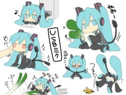 &gt;_&lt; 1girl :&lt; =_= ^^^ aqua_eyes aqua_hair banana_peel blouse blush blush_stickers chibi closed_eyes collared_shirt colored_eyelashes grey_shirt hatsune_miku kneehighs knees_together_feet_apart lying mini_person minigirl miniskirt multiple_views musical_note oharu on_stomach panties shirt simple_background sitting skirt socks spring_onion striped_clothes striped_panties tail tail_wrap thighhighs translation_request tripping twintails underwear usb vocaloid white_background