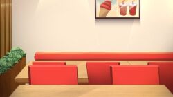 bush chair drink food highres ice_cream indoors no_humans non-web_source official_art our_life:_beginnings_and_always poster_(object) scenery table viewer_self-insert wooden_table