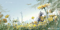 1boy armor beak bird_boy blue_sky breastplate chinese_commentary commentary_request dated day field flower flower_field from_behind furry furry_male gradient_sky highres male_focus mountainous_horizon nintendo outdoors rito rock scarf signature sky solo teba_(zelda) the_legend_of_zelda the_legend_of_zelda:_breath_of_the_wild tower tree upper_body watermark weibo_watermark weibo_watermark yellow_flower yellow_scarf yi_ling_yi_hao_ji