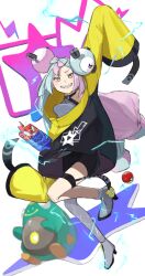 1girl bellibolt bow-shaped_hair character_hair_ornament creatures_(company) game_freak grey_pantyhose hair_ornament hexagon_print highres iono_(pokemon) jacket kurokami_kinniku_matsuri long_hair low-tied_long_hair multicolored_hair nintendo oversized_clothes pantyhose pokemon pokemon_sv sharp_teeth single_leg_pantyhose sleeves_past_fingers sleeves_past_wrists split-color_hair teeth two-tone_hair very_long_sleeves x yellow_jacket
