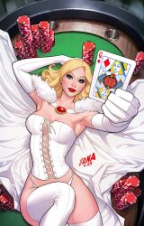 1girl blonde_hair blue_eyes boots breasts cape card corset david_nakayama elbow_gloves emma_frost fur-trimmed_cape fur_trim gloves highres holding holding_card initial long_hair looking_at_viewer lying marvel on_back panties poker_chip queen_(playing_card) queen_of_diamonds red_lips solo thigh_boots underwear white_boots white_cape white_corset white_gloves white_panties x-men