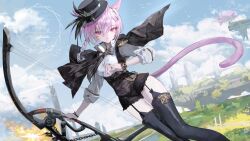 1girl absurdres animal_ears black_boots black_capelet black_hat boots bow bow_(weapon) bracelet braid capelet cat_ears cat_girl cat_tail facial_mark final_fantasy final_fantasy_xiv garter_straps hat hat_feather highres holding holding_bow_(weapon) holding_weapon jewelry miqo&#039;te multiple_rings pink_eyes pink_hair ring shikina_(mochigushi_) shirt single_braid sleeves_rolled_up solo tail thigh_boots underbust warrior_of_light_(ff14) weapon whisker_markings white_shirt