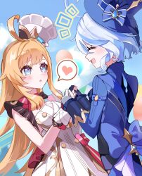 2girls apron balloon blonde_hair blue_hair blue_hat blue_jacket blue_sky blush chaena_(exmd3552) chef chef_hat closed_eyes commentary_request cowlick dutch_angle escoffier_(genshin_impact) furina_(genshin_impact) genshin_impact hat heart heart_in_eye highres holding_hands jacket long_hair looking_at_another multiple_girls open_mouth outdoors short_hair sky speech_bubble symbol_in_eye top_hat white_apron white_hat yuri