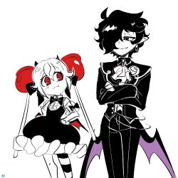 1boy 1girl apple_hair_ornament black_hair black_sapphire_cookie candy_apple candy_apple_cookie candy_apple_hair_ornament cookie_run cookie_run:_kingdom dress food food-themed_hair_ornament hair_ornament highres humanization long_sleeves looking_at_viewer mewmew_xi puffy_sleeves shirt short_hair smile
