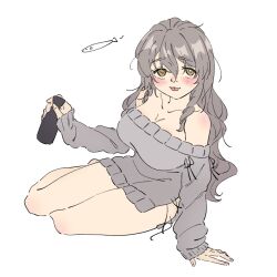 1girl brown_eyes dress drunk fish grey_dress grey_hair hair_between_eyes kantai_collection looking_at_viewer off-shoulder_dress off_shoulder official_alternate_costume pola_(kancolle) pola_(saury_festival)_(kancolle) simple_background sitting solo sweater sweater_dress tokkuri tongue tongue_out white_background yama_(yam0a) yokozuwari