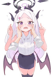 Rule 34 | 1girl, ahoge, black halo, black skirt, blue archive, blush, breasts, demon girl, demon horns, demon wings, halo, highres, hina (blue archive), horns, long hair, looking at viewer, open mouth, purple eyes, shirt, simple background, skirt, small breasts, ura ra1800, white background, white hair, white shirt, wings