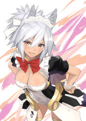 Rule 34 | 1girl, animal ear fluff, animal ears, artist name, blush, breasts, brown eyes, cleavage, commentary request, covered navel, dark-skinned female, dark skin, frills, grey hair, guilty princess, hair ornament, hands on own hips, leaning forward, leotard, long hair, looking at viewer, maid, maid headdress, maidroid kuon, medium breasts, open mouth, overskirt, puffy short sleeves, puffy sleeves, ribbon, shiny skin, short sleeves, smile, solo, tony taka, wrist cuffs