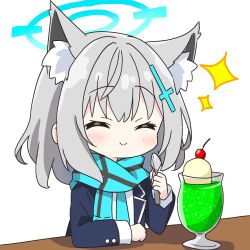 1girl ^_^ animal_ear_fluff animal_ears blue_archive blue_halo blue_scarf blush closed_eyes closed_mouth commentary_request cross_hair_ornament cup drink drinking_glass extra_ears grey_hair hair_ornament halo highres holding holding_spoon jacket kotatsu-mazoku long_sleeves open_clothes open_jacket scarf school_uniform shiroko_(blue_archive) short_hair simple_background smile solo sparkle spoon upper_body white_background wolf_ears