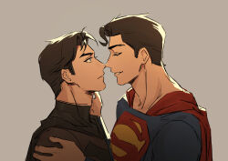 2boys absurdres arm_up batman batman_(series) batman_symbol black_cape blue_eyes brown_hair cape closed_eyes closed_mouth couple dc_comics frown grey_background hand_on_another&#039;s_face hand_on_another&#039;s_shoulder highres imminent_kiss looking_at_another male_focus multiple_boys profile red_cape short_hair sideburns simple_background smile superhero_costume superman superman_(series) superman_logo teeth upper_body wang_none yaoi