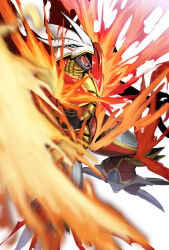 Rule 34 | armor, bakeneko38, blue eyes, digimon, digimon (creature), digimon frontier, dragon, fire, full body, helmet, highres, no humans, red armor, sharp teeth, simple background, solo, teeth, vritramon, white background