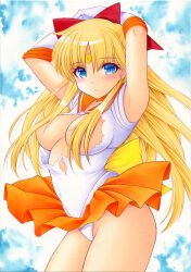 Rule 34 | 1girl, aino minako, armpits, arms behind head, bishoujo senshi sailor moon, blonde hair, blue eyes, blue sky, breasts, cloud, cloudy sky, earrings, gloves, jewelry, large breasts, leotard, leotard peek, magical girl, miniskirt, nightmare77zx, sailor venus, short sleeves, skirt, sky, torn clothes, torn leotard