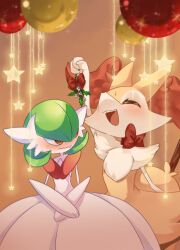 blush bob_cut braixen closed_eyes colored_skin dress elbow_gloves furry gardevoir gen_3_pokemon gen_6_pokemon gloves green_hair hair_over_one_eye highres holding holding_mistletoe loyaldis mega_gardevoir mega_pokemon mistletoe multicolored_fur nintendo open_mouth orange_fur pink_eyes pokemon pokemon_(creature) smile star_ornament white_dress white_fur white_gloves white_skin yellow_fur
