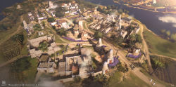 assassin&#039;s_creed:_origins assassin&#039;s_creed_(series) building bush cityscape commentary_request darkhikari day farm flower from_above full_body highres house outdoors palm_tree purple_flower river scenery smoke tower town tree ubisoft walking water watermark