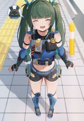 1girl absurdres android black_gloves blunt_bangs blush braid fingerless_gloves full_body gloves green_hair highres long_hair lower_teeth_only midriff navel open_mouth outdoors police police_uniform policewoman qingyi_(zenless_zone_zero) securityboo_(zenless_zone_zero) shadow short_shorts shorts side_braids sidelocks smile solo soradariku standing teeth twintails zenless_zone_zero
