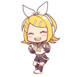 Rule 34 | 1girl, ^ ^, black leg warmers, black sailor collar, black shorts, black sleeves, blonde hair, bow, chibi, chibi only, clenched hands, closed eyes, detached sleeves, dot nose, full body, hair bow, hair ornament, hairclip, happy, headphones, highres, kagamine rin, leg warmers, m0ti, neckerchief, open mouth, parallel hairclips, sailor collar, shirt, short hair, shorts, simple background, sleeveless, sleeveless shirt, smile, solo, teeth, twitter username, upper teeth only, vocaloid, white background, white bow, white shirt, yellow neckerchief