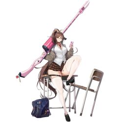 1girl bag black_choker black_shoes blue_bag blush breasts brown_hair brown_skirt chair checkered_clothes checkered_skirt choker closed_mouth collarbone collared_shirt desk feet_on_chair grey_eyes grey_sweater gun hair_between_eyes hair_ornament hair_ribbon hairclip heart high_ponytail highres holding holding_gun holding_phone holding_weapon jewelry khan_the_swift lace lace-trimmed_panties lace_panties lace_trim last_origin leg_tattoo leg_up lingerie loafers long_hair looking_at_viewer medium_breasts mel_(dodosae) microskirt multiple_rings nail_polish neck_ribbon o-ring o-ring_choker off_shoulder official_alternate_costume official_art on_desk panties pantyshot partially_unbuttoned partially_visible_vulva phone pin pink_nails pink_panties pink_ribbon ponytail ribbon rifle ring school_bag school_desk school_uniform shirt shoes simple_background sitting skindentation skirt solo sweater tachi-e tattoo thick_thighs thigh_strap thighhighs thighs third-party_source transparent_background underwear very_long_hair weapon white_shirt white_thighhighs yellow_ribbon