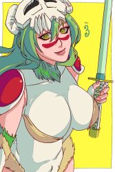 Rule 34 | 1girl, bleach, bleach: sennen kessen-hen, breasts, collarbone, green eyes, green hair, highres, large breasts, long hair, nelliel tu odelschwanck, solo, strikek-lvvjm27, sword, weapon