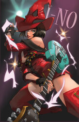 1girl absurdres black_hair boots electric_guitar guilty_gear guitar hat highres i-no instrument red_boots red_hat red_lips short_hair witch_hat