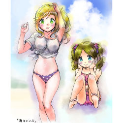 2girls artist_request barefoot bikini blue_eyes blush feet green_eyes inuyama_akari inuyama_aoi long_hair looking_at_viewer multiple_girls polka_dot polka_dot_bikini siblings sisters soles swimsuit toes twintails yurucamp