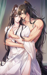 2boys absurdres adam&#039;s_apple black_hair blush brown_hair chinese_clothes chu_wanning closed_mouth collarbone curtains erha_he_tadebai_mao_shizun grey_eyes hand_under_clothes hanfu high_ponytail highres holding_another&#039;s_wrist hug jewelry long_hair long_sidelocks long_sleeves looking_ahead looking_at_another lower_teeth_only male_focus mo_ran multiple_boys muscular muscular_male necklace no_pants one_eye_closed open_mouth pectoral_cleavage pectorals pendant ponytail purple_eyes scar scar_on_chest sidelocks tears teeth topless_male white_hanfu wide_sleeves xiao_guan_(headdress) yaoi zehel_az