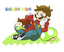 1-up_mushroom 1up aged_down baby baby_luigi backpack bad_id bad_pixiv_id bag blue_eyes brothers brown_hair facial_hair gloves highres indian_style long_sleeves luigi male_focus mario mario_(series) mushroom mustache nintendo overalls redlhzz shoes siblings sitting sleeves_past_wrists sneakers socks time_paradox white_gloves |_|