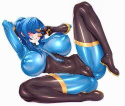 Rule 34 | 1girl, :d, absurdres, black boots, black gloves, blu pyro (tf2), blue bodysuit, blue eyes, blue hair, bodysuit, boots, breasts, breasts apart, cameltoe, commission, covered erect nipples, covered navel, full body, genderswap, genderswap (otf), gloves, grin, hair over one eye, highres, huge breasts, impossible clothes, large breasts, latex, latex bodysuit, long hair, looking at viewer, open mouth, ponytail, pyro (tf2), simple background, skin tight, smile, solo, spread legs, team fortress 2, teeth, thigh boots, thore (nathalukpol), v, white background, zipper, zipper pull tab