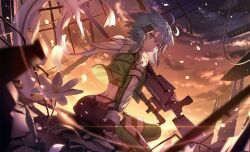 1girl artist_request ass blue_eyes blue_hair butt_crack gun rifle shorts sinon sniper_rifle sword_art_online tagme weapon