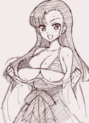 Rule 34 | 1girl, american flag, american flag bikini, american flag print, bikini, blush, breasts, cleavage, collarbone, flag print, girls und panzer, greyscale, japanese clothes, kin-san (sasuraiga), large breasts, lineart, long hair, miko, monochrome, nishi kinuyo, print bikini, sketch, solo, swimsuit, upper body
