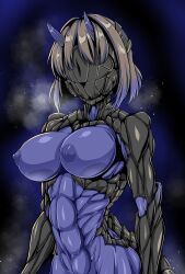 1girl abs absurdres arms_at_sides black_bodysuit blue_hair bodysuit breasts brown_hair gradient_hair highres horns impossible_bodysuit impossible_clothes large_breasts mask multicolored_hair muscular muscular_female navel nipples original purple_bodysuit schopdehollyhotter short_hair solo standing two-tone_bodysuit two-tone_hair variant_set