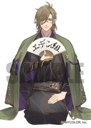 Rule 34 | 1boy, antenna hair, belt, belt buckle, black gloves, black kimono, blue sash, brown belt, brown hair, buckle, coat, coat on shoulders, copyright notice, flower ornament, folding fan, full body, glasses, gloves, gr giri, green coat, green eyes, hair over one eye, hand fan, hand on own thigh, haori, holding, holding fan, japanese clothes, kimono, light smile, long sleeves, looking at viewer, male focus, medium hair, mole, mole under eye, nijisanji, official art, oliver evans, partially fingerless gloves, pinky ring, print folding fan, sample watermark, sash, scale print, seiza, simple background, single glove, sitting, snake bracelet, straight-on, tassel, thumb ring, two-sided coat, two-sided fabric, virtual youtuber, watermark, white background