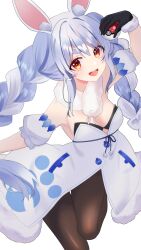 1girl absurdres animal_ears arm_up black_gloves black_pantyhose blue_hair braid breasts commentary don-chan_(usada_pekora) fur-trimmed_gloves fur_trim gloves highres holding holding_poke_ball hololive long_hair looking_at_viewer open_mouth pantyhose poke_ball rabbit_ears rabbit_girl red_eyes simple_background small_breasts smile solo standing standing_on_one_leg suzushiro_shiro thick_eyebrows twin_braids usada_pekora usada_pekora_(1st_costume) virtual_youtuber white_background white_hair
