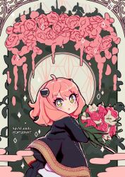1girl anya_(spy_x_family) artist_name black_dress black_shoes bouquet child commentary copyright_name datcravat dress eden_academy_school_uniform english_commentary flower gold_trim green_eyes hairpods highres holding holding_bouquet looking_at_viewer medium_hair parted_lips pink_flower pink_hair school_uniform shoes socks solo spy_x_family twitter_username white_socks