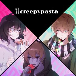 Rule 34 | 3boys, 779762391 (lofter), aegyo sal, ahoge, androgynous, black blood, black hair, black hoodie, black nails, black scarf, black shirt, blood, bloody tears, blue background, blue eyes, brothers, brown hair, cannibalism, chinese commentary, christmas lights, clenched hand, coat, collarbone, collared coat, colored skin, commentary request, copyright name, creepypasta, double-parted bangs, drawstring, eating, eyeless jack, fingernails, food, food on face, fork, green background, green coat, green eyes, grey skin, hair between eyes, highres, holding, holding food, holding fork, holding organ, hollow eyes, homicidal liu, hood, hood down, hood up, hoodie, jeff the killer, kidney, knife, looking at food, male focus, medium hair, multiple boys, nail polish, open clothes, open coat, pink background, raised eyebrow, scarf, shirt, short hair, siblings, simple background, stitched face, stitched mouth, stitches, striped clothes, striped scarf, two-tone scarf, upper body, vertical-striped clothes, vertical-striped scarf, white hoodie, white scarf, white skin