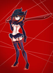 1girl absurdres black_hair blue_eyes blush boots breasts high_heel_boots high_heels highres kill_la_kill large_breasts matoi_ryuuko midriff navel red_hair short_hair skirt solo thigh_boots thighhighs underboob