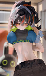 1girl arms_behind_back bad_anatomy bangboo_(zenless_zone_zero) black_hair blurry blurry_background breasts brown_pants commentary_request crop_top highres indol large_breasts multicolored_hair narrow_waist navel orange_eyes orange_hair pants ponytail securityboo_(zenless_zone_zero) short_hair stomach streaked_hair two-tone_hair zenless_zone_zero zhu_yuan
