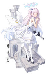 Rule 34 | 1girl, absurdres, arnold-s, bare arms, bare shoulders, black shoes, blue archive, blush, dress, feathered wings, finger to mouth, flower, gun, hair bun, hair flower, hair ornament, high heels, highres, holding, holding gun, holding weapon, lanchester smg, long hair, looking at viewer, mika (blue archive), one eye closed, open mouth, pantyhose, pink hair, purple flower, scrunchie, shoes, shushing, sidelocks, single side bun, sleeveless, sleeveless dress, solo, submachine gun, weapon, white dress, white pantyhose, white scrunchie, wings, yellow eyes