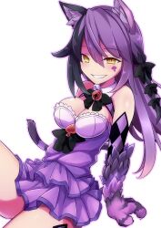 1girl animal_ear_fluff animal_ears animal_hands argyle bare_shoulders bell black_bow black_bowtie black_hair bow bowtie breasts cat_ears cat_girl cat_tail cheshire_cat_(monster_girl_encyclopedia) commentary commission dress facial_mark grin hair_between_eyes hair_bow highres jingle_bell large_breasts leaning_back long_hair looking_at_viewer monster_girl_encyclopedia monster_girl_encyclopedia_ii neck_bell purple_dress purple_hair simple_background sitting skeb_commission smile solo spade_(shape) spade_facial_mark tail white_background yellow_eyes yutamaro