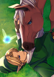 1boy absurdres blonde_hair blue_eyes brown_gloves earrings epona fairy fingerless_gloves gloves grass green_hat green_tunic hat highres horse jewelry link lying male_focus mi9clous navi nintendo on_back parted_bangs parted_lips pointy_ears shirt short_hair smile the_legend_of_zelda the_legend_of_zelda:_ocarina_of_time tunic upper_body white_hair white_shirt