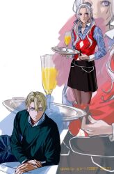 1boy 1girl alternate_costume alternate_hairstyle ambiguous_yellow_liquid amikoiiko argyle_clothes argyle_sweater blonde_hair blue_eyes blue_shirt bowl champagne_flute character_request closed_mouth collar copyright_name couch cowboy_shot cropped_legs cup denim dimitri_alexandre_blaiddyd dress_shirt drinking_glass edelgard_von_hresvelg english_text fingernails fire_emblem fire_emblem:_three_houses glass_bowl gossip_girl green_sweater hair_between_eyes hair_ribbon hand_on_own_wrist highres holding holding_tray jeans leaning_forward long_hair long_sleeves looking_at_viewer looking_to_the_side low_twintails nintendo pants pantyhose purple_eyes purple_ribbon red_sweater_vest release_date ribbon shirt short_hair simple_background sternocleidomastoid_muscle striped_clothes striped_shirt sweater sweater_vest tray twintails vertical-striped_clothes vertical-striped_shirt white_background white_collar white_hair white_shirt white_sleeve_cuffs zoom_layer